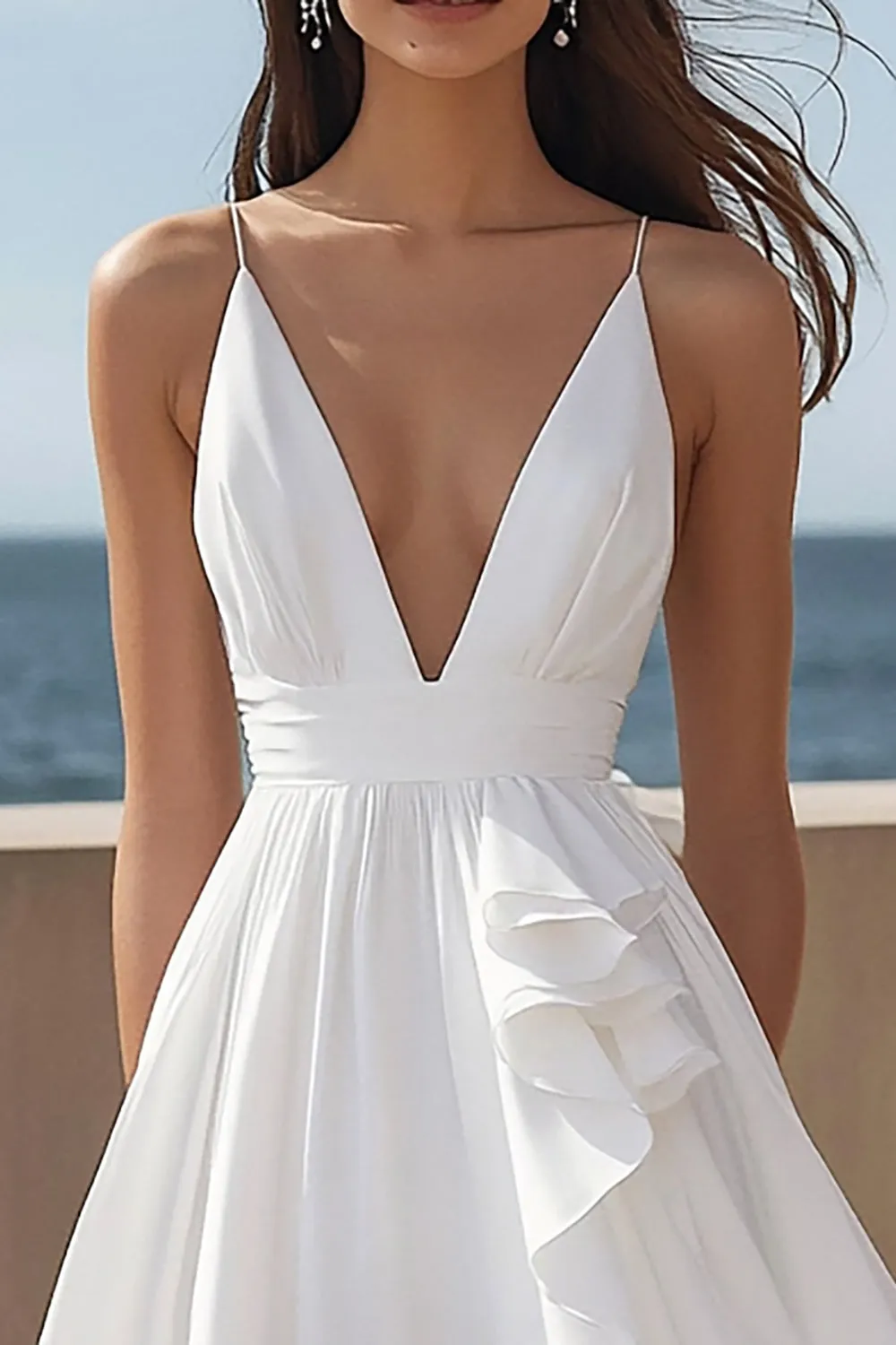 Ivory Deep V-Neck Satin Long Engagement Dress with Ruffles sold by Zapaka product image thumbnail 2