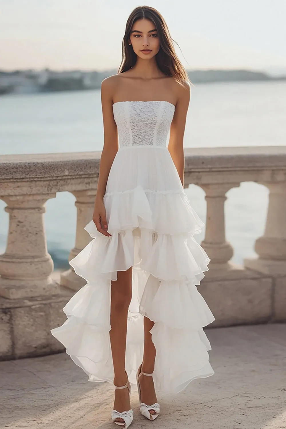 Ivory Strapless A Line High-Low Engagement Dress with Ruffles sold by Zapaka