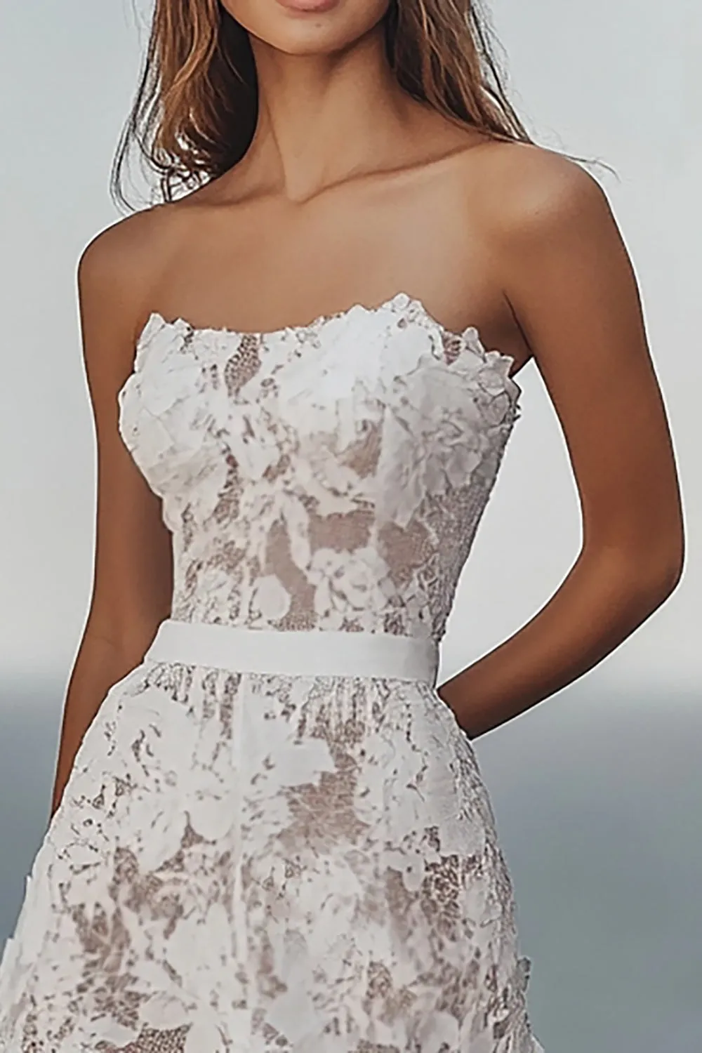 Ivory A Line Lace Midi Engagement Dress with Ruffles sold by Zapaka product image thumbnail 2