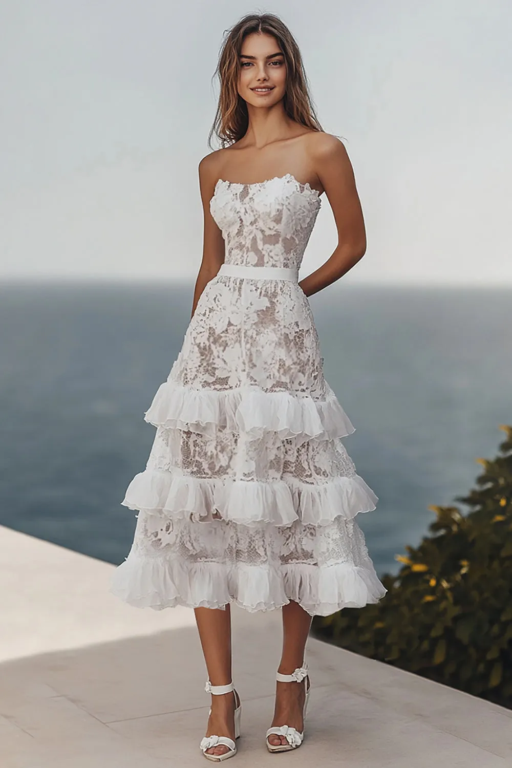 Ivory A Line Lace Midi Engagement Dress with Ruffles sold by Zapaka