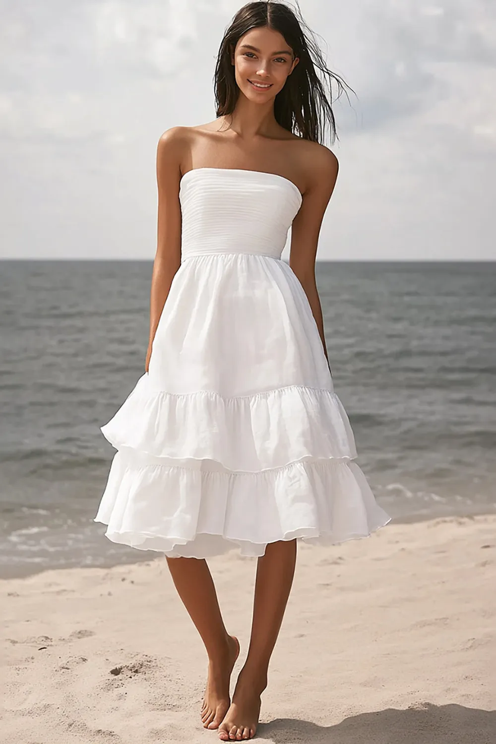 Ivory Strapless Short A Line Engagement Dress with Ruffles sold by Zapaka