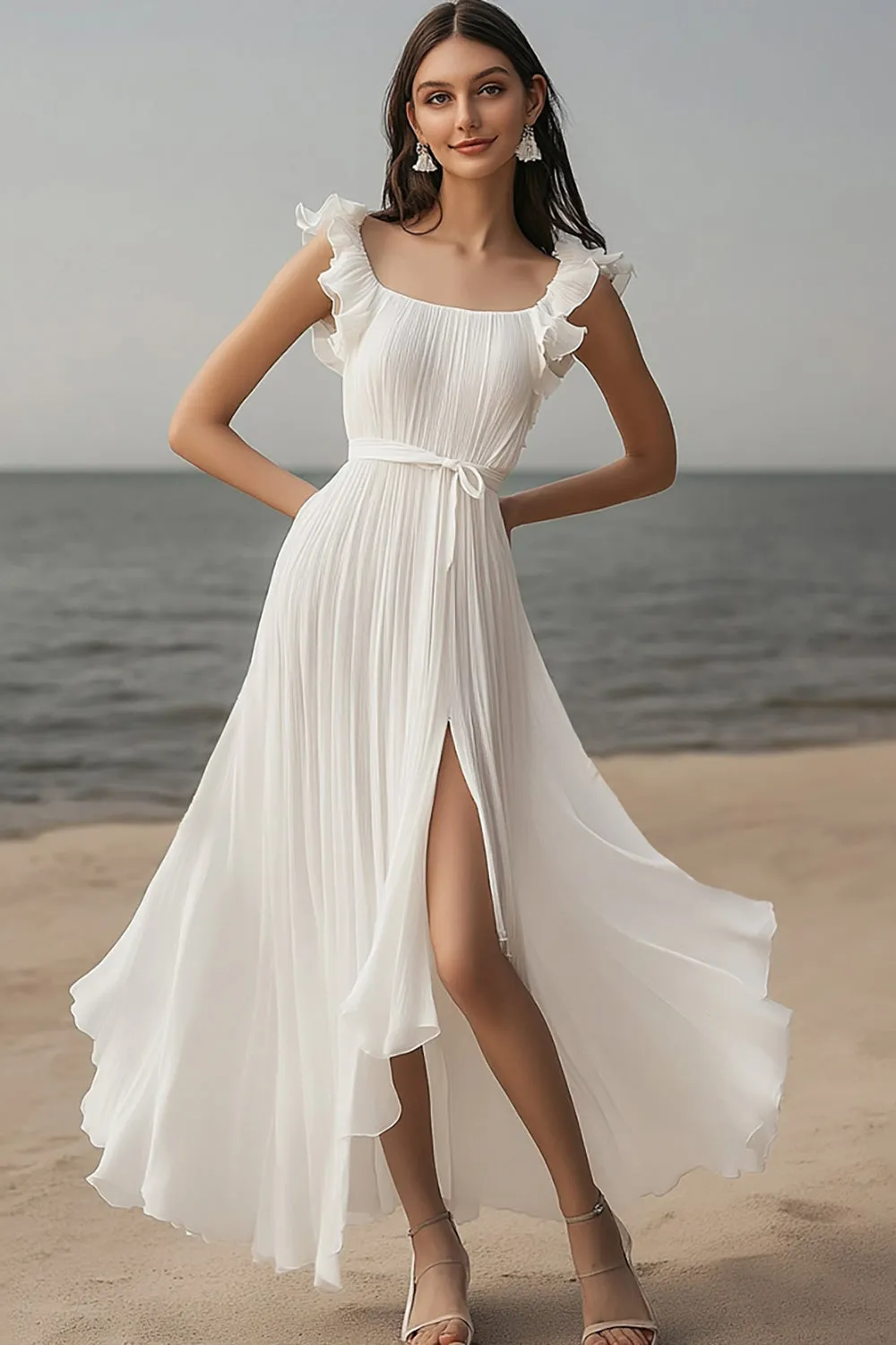 Ivory Scoop A Line Long Engagement Dress with Slit sold by Zapaka