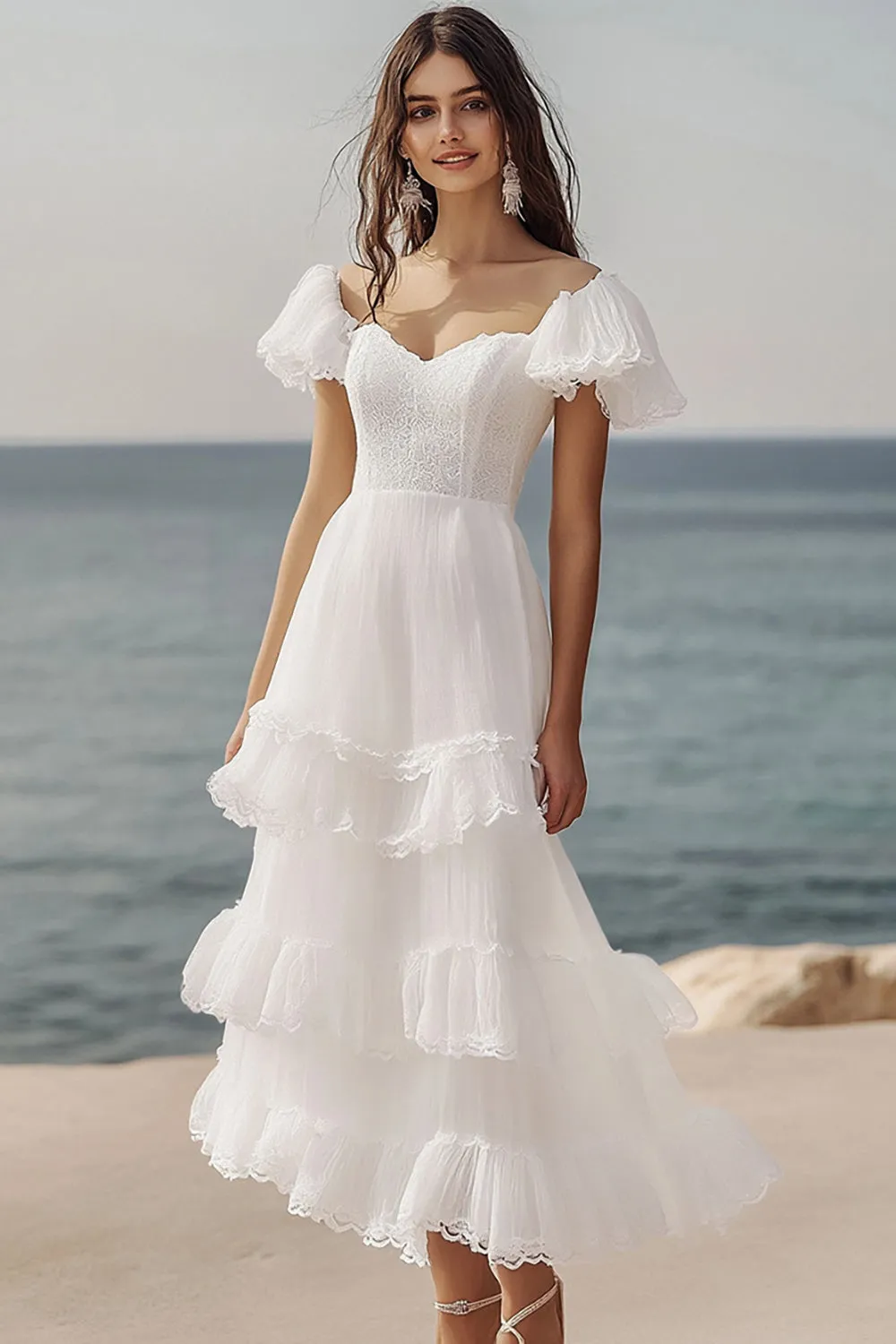 Ivory Ruffled A Line Long Engagement Dress with Short Sleeves sold by Zapaka