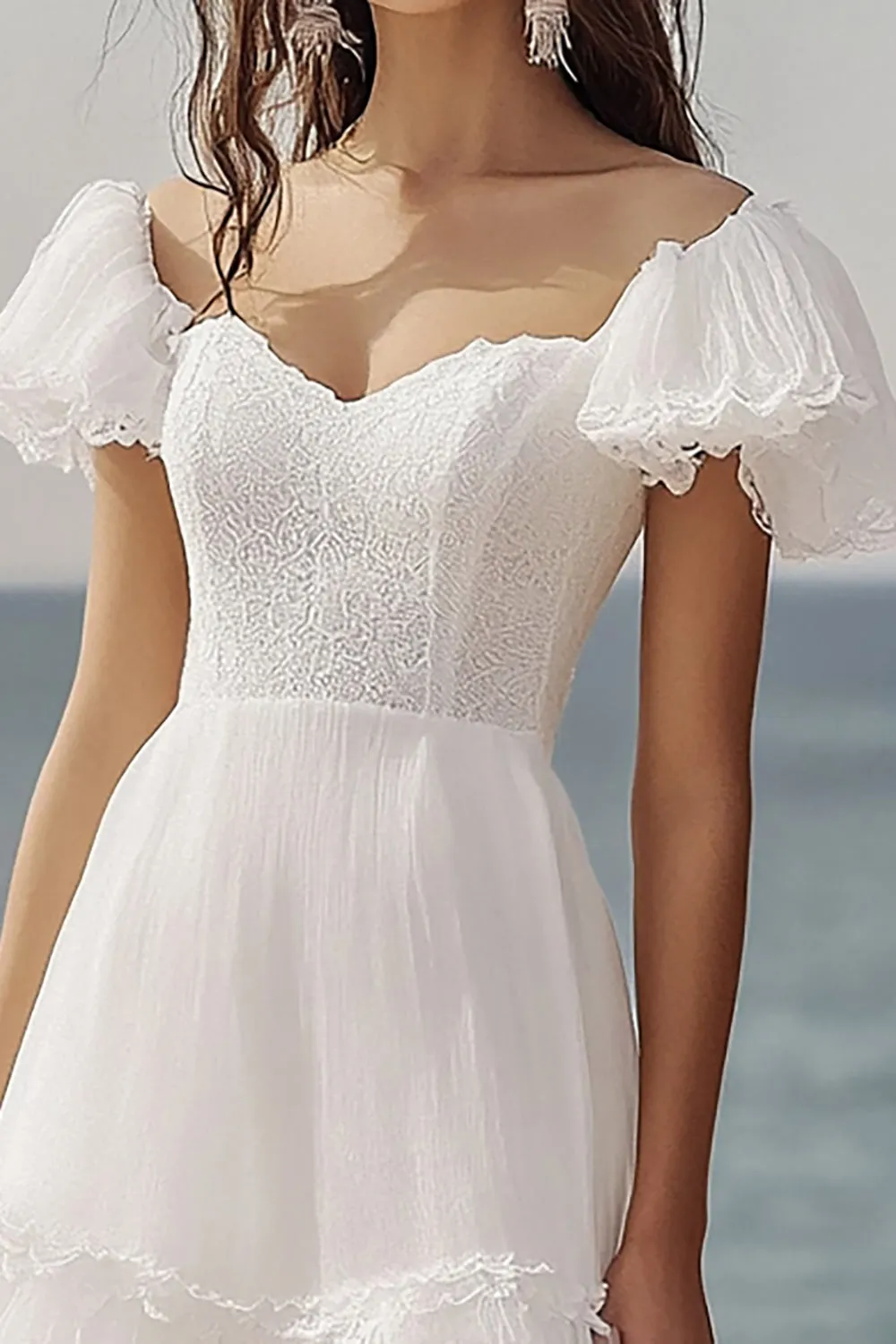 Ivory Ruffled A Line Long Engagement Dress with Short Sleeves sold by Zapaka product image thumbnail 2