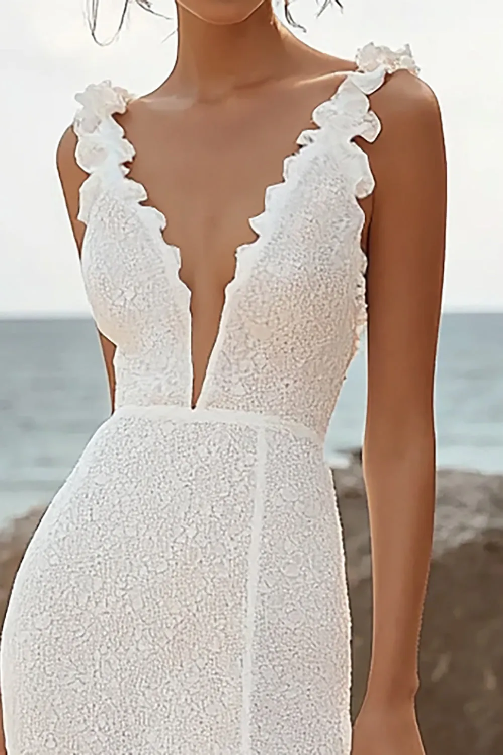 Ivory Mermaid Deep V-Neck High-Low Engagement Dress sold by Zapaka product image thumbnail 2