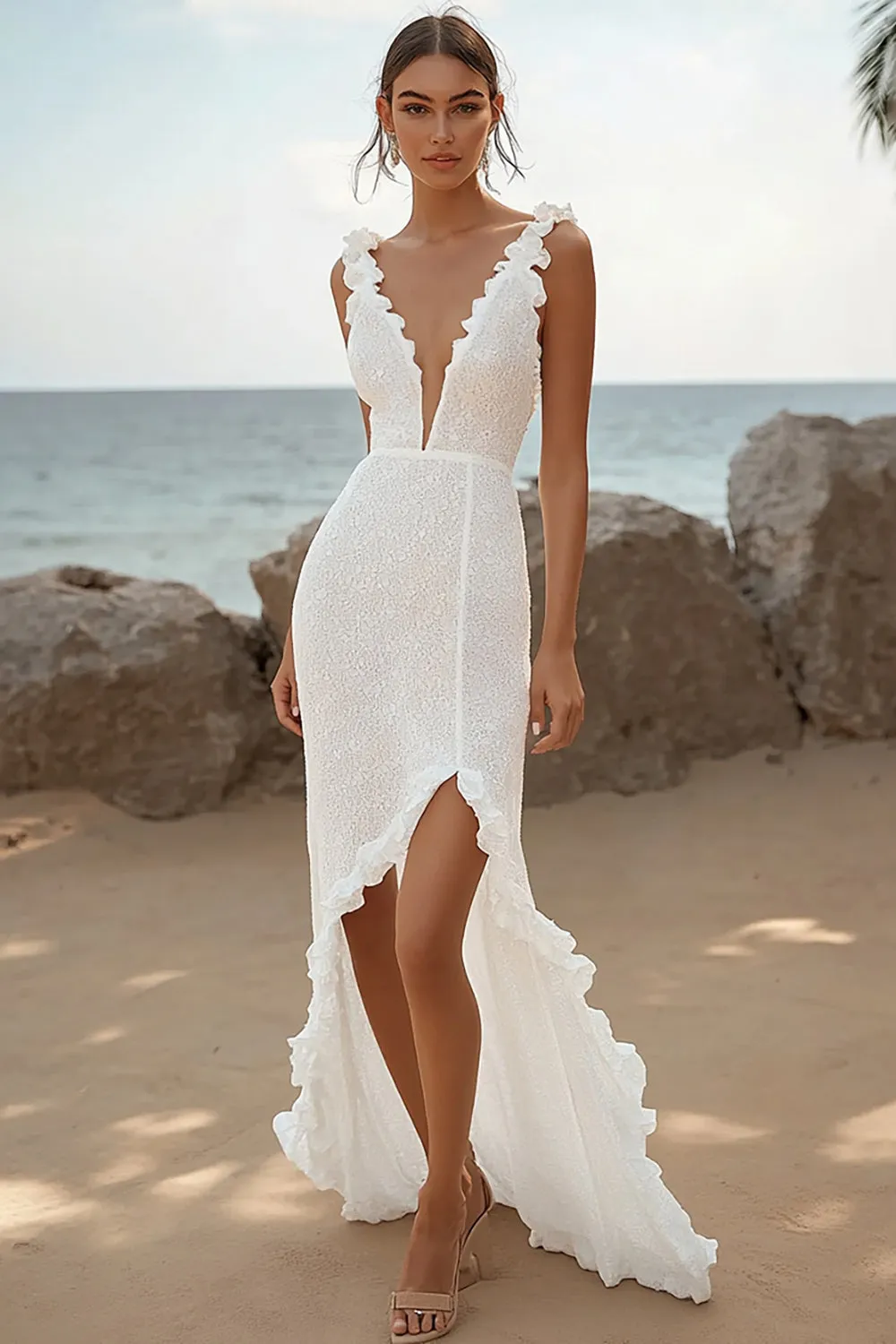 Ivory Mermaid Deep V-Neck High-Low Engagement Dress sold by Zapaka