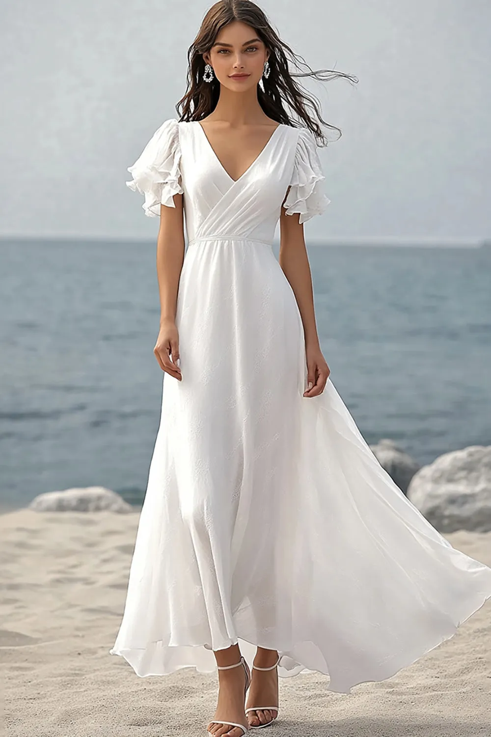 Ivory Chiffon V-Neck Long Engagement Dress with Short Sleeves sold by Zapaka