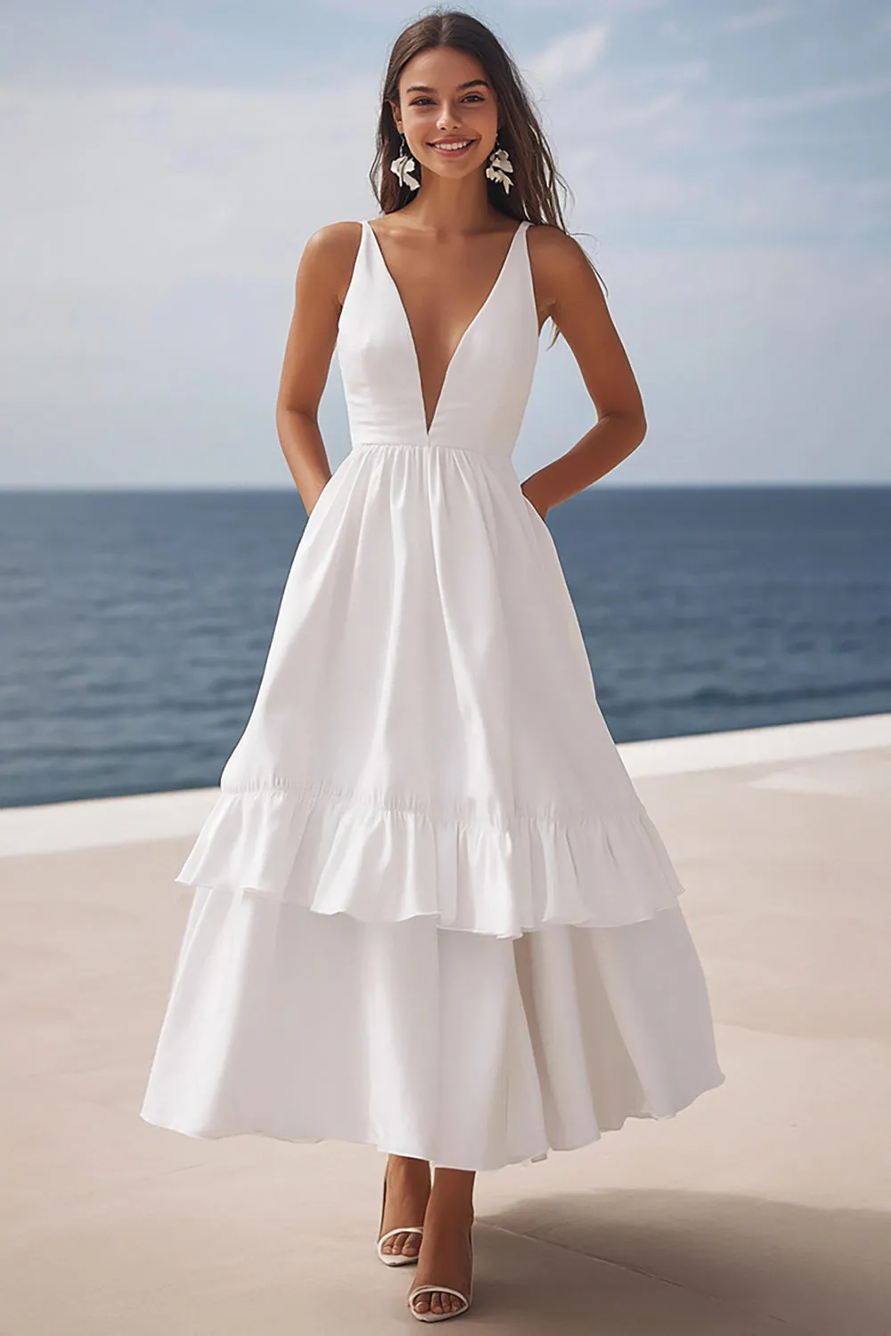 Ivory A Line Deep V-Neck Long Engagement Dress sold by Zapaka