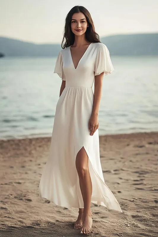 Ivory V-Neck Chiffon Long Engagement Dress with Slit made by Zapaka