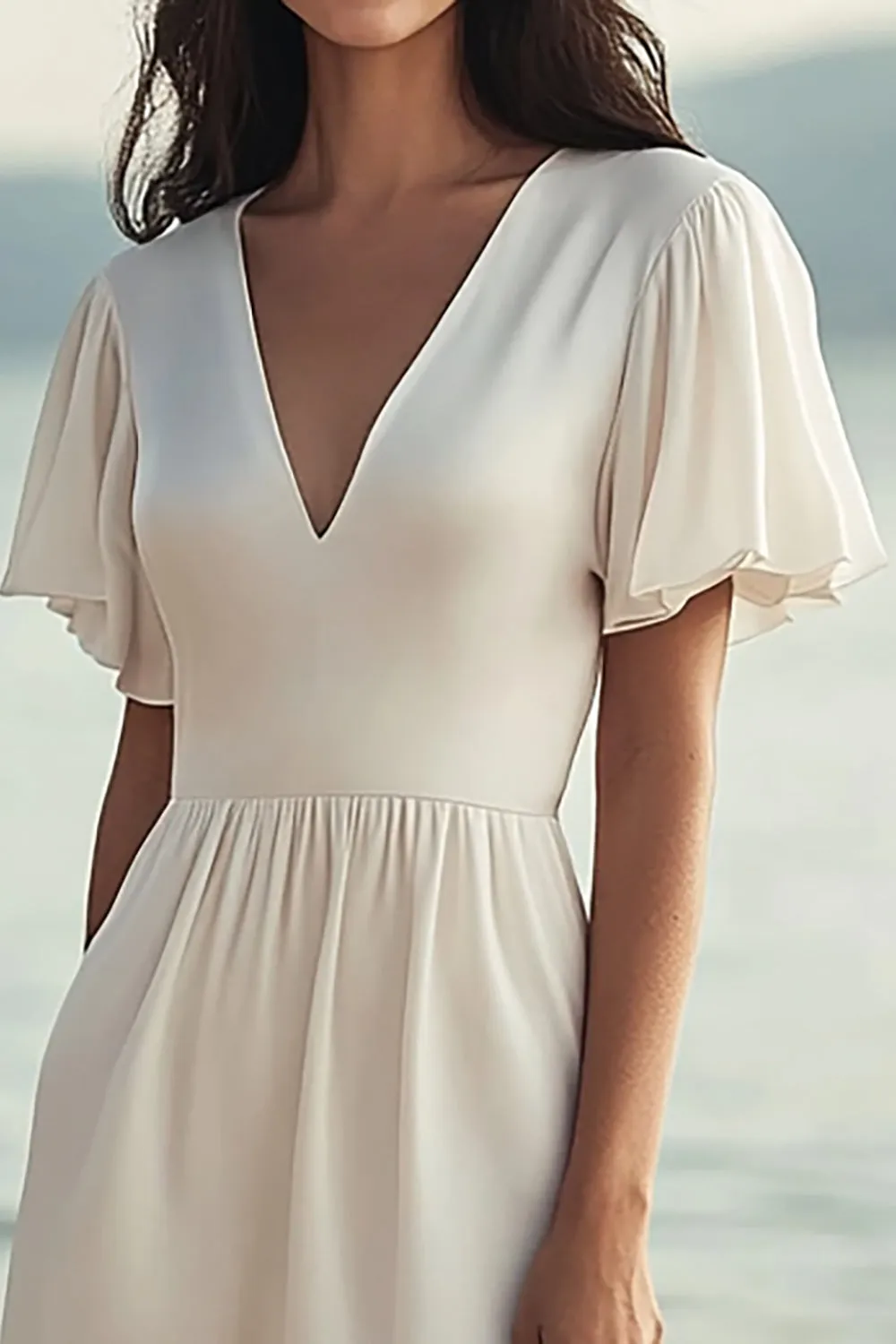 Ivory V-Neck Chiffon Long Engagement Dress with Slit sold by Zapaka product image thumbnail 2