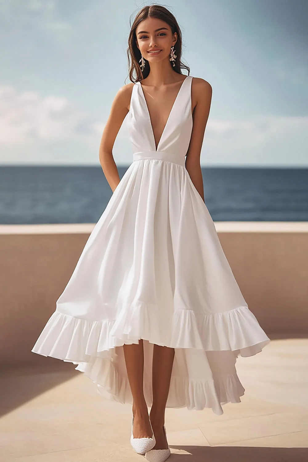 Ivory Deep V-Neck A Line High-Low Engagement Dress sold by Zapaka