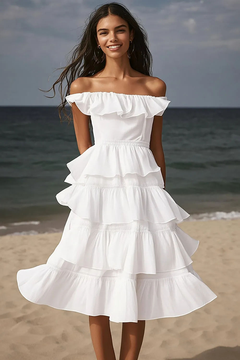 Ivory Off the Shoulder Midi Engagement Dress with Ruffled sold by Zapaka