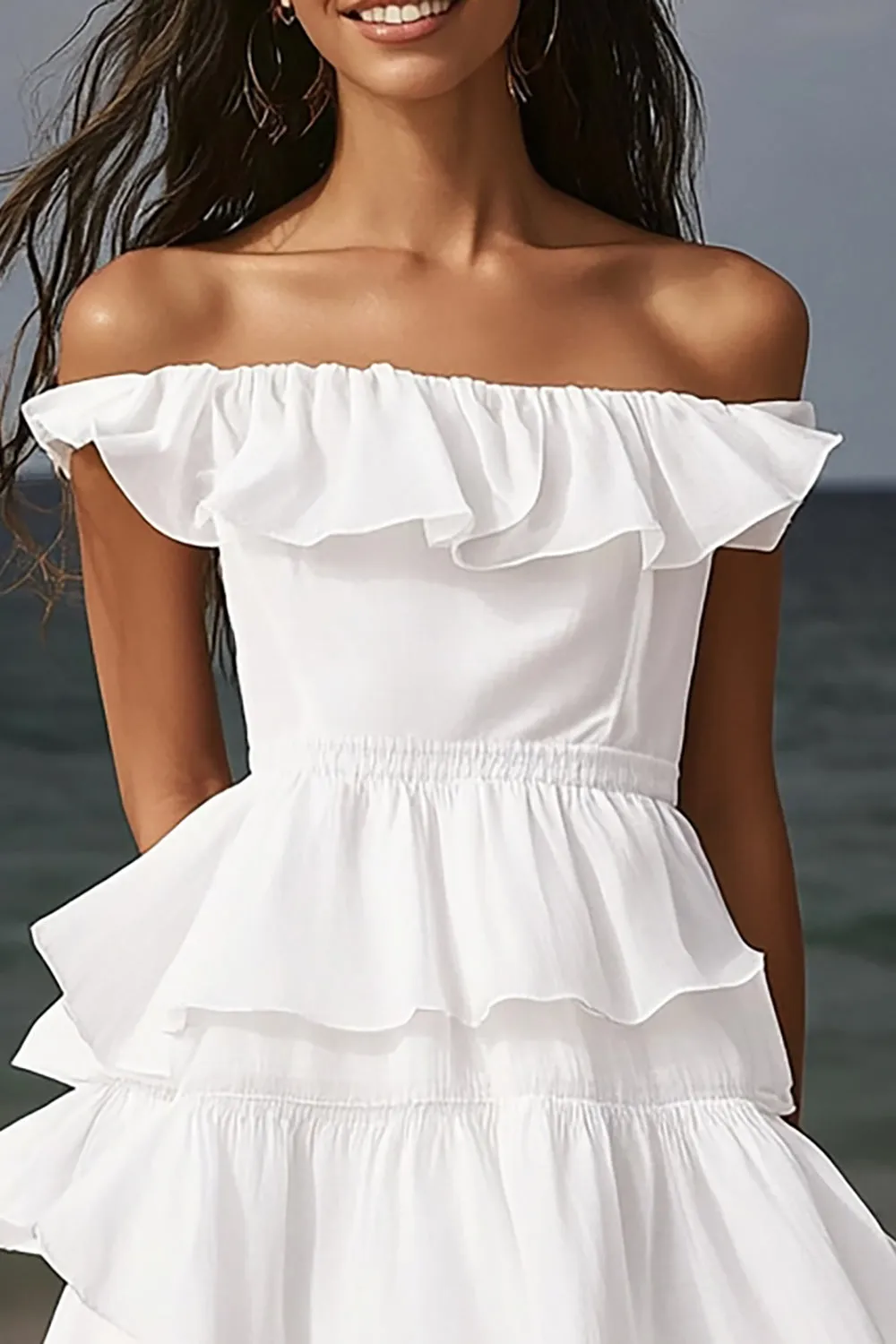 Ivory Off the Shoulder Midi Engagement Dress with Ruffled sold by Zapaka product image thumbnail 2