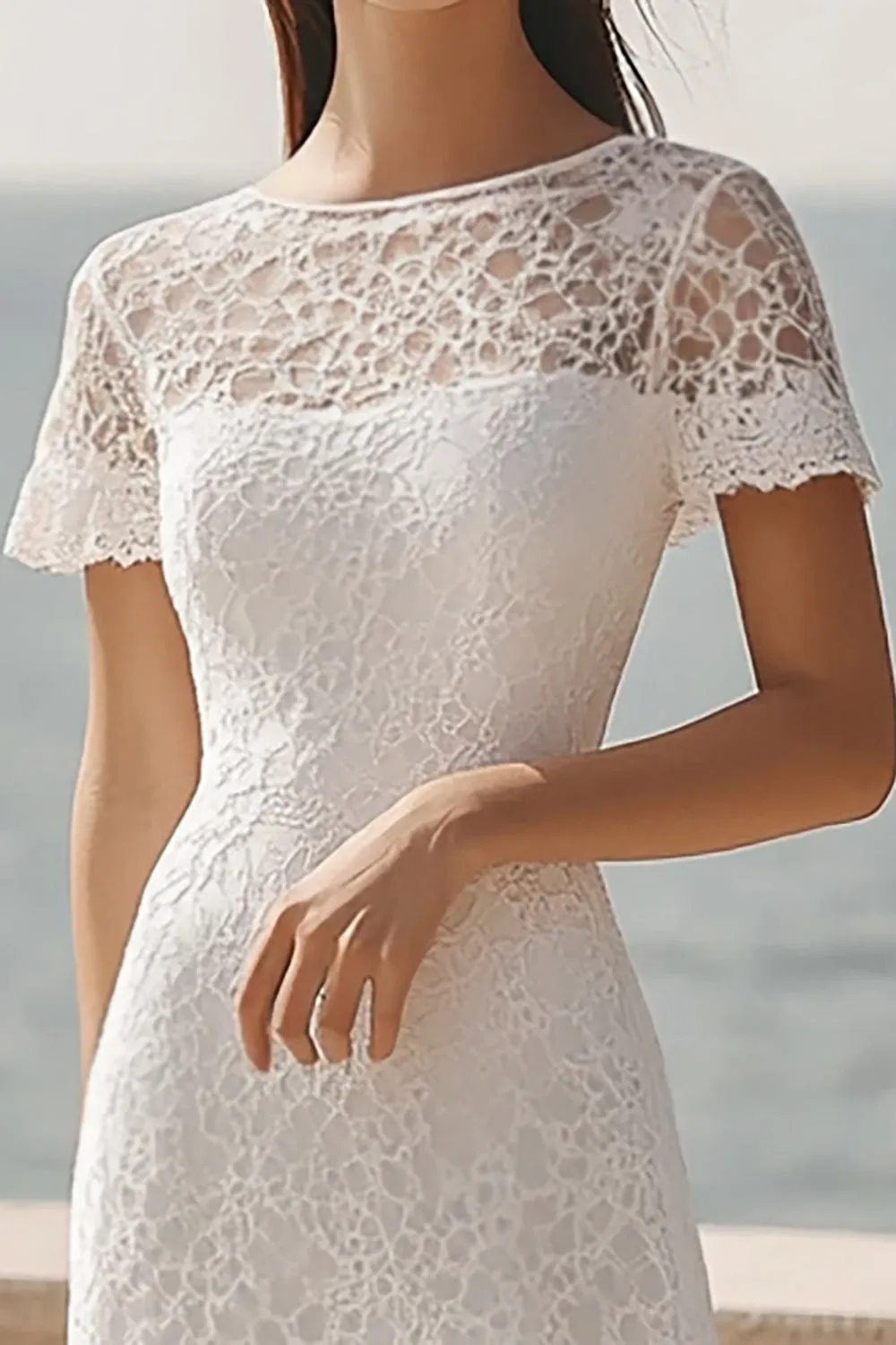 Ivory Lace A Line Scoop Midi Engagement Dress with Short Sleeves sold by Zapaka product image thumbnail 2