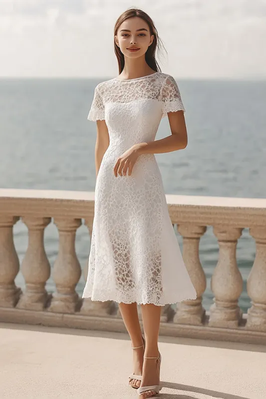 Ivory Lace A Line Scoop Midi Engagement Dress with Short Sleeves sold by Zapaka