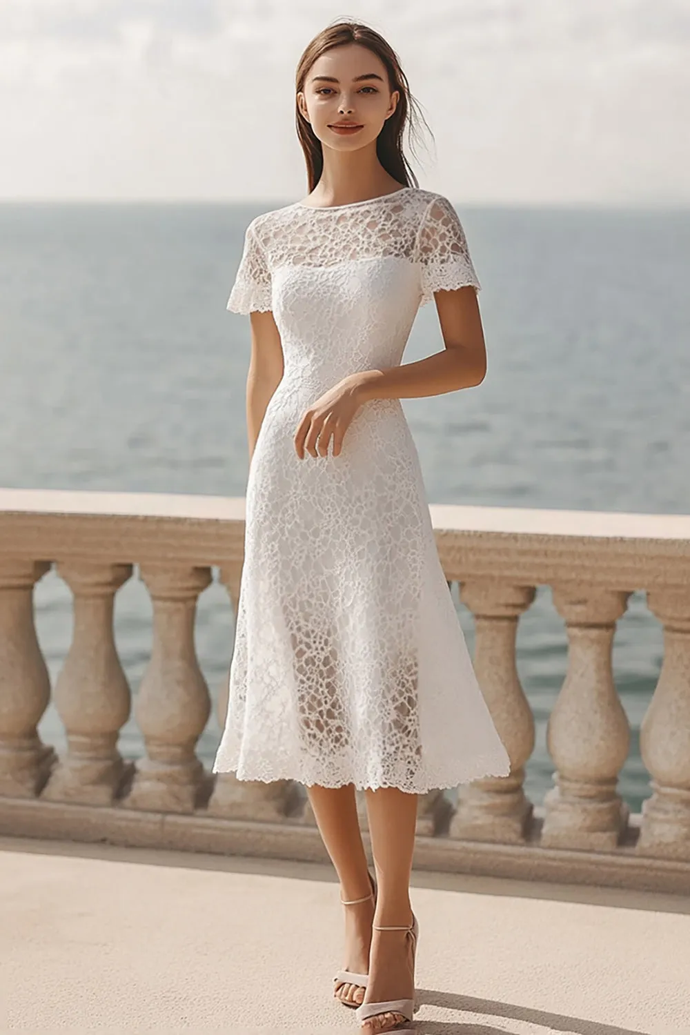 Ivory Lace A Line Scoop Midi Engagement Dress with Short Sleeves sold by Zapaka