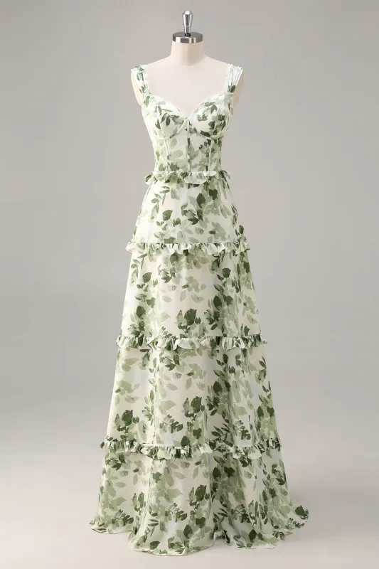 Green Flower Corset A Line Bridesmaid Dress with Ruffles sold by Zapaka