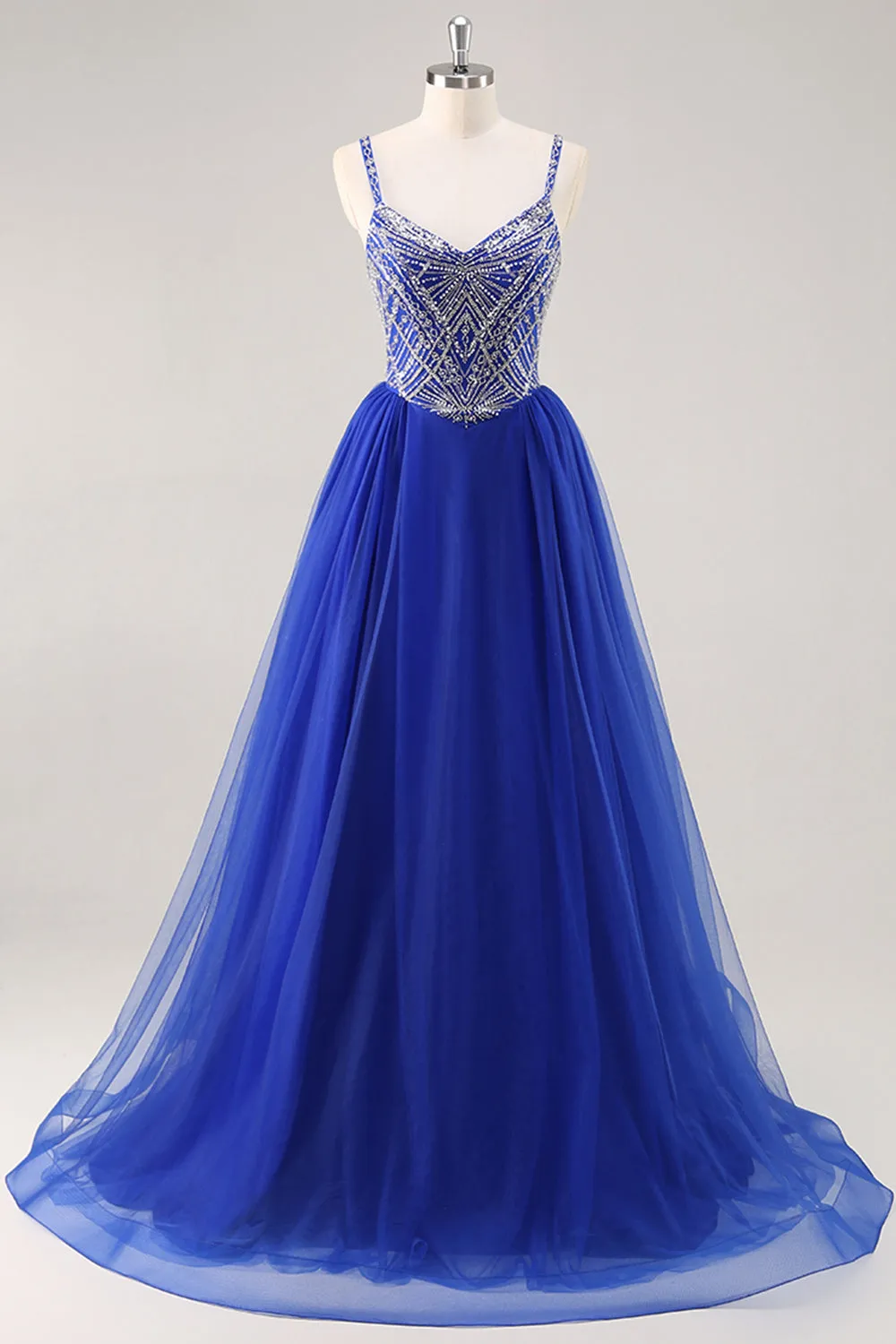 Royal Blue A Line Long Prom Dress with Beadings sold by Zapaka