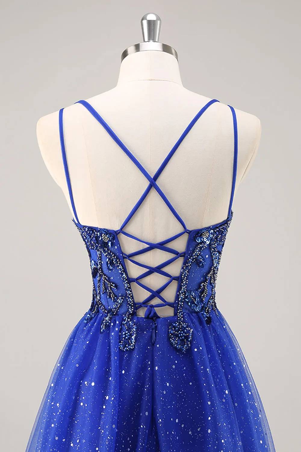 Glitter Royal Blue Beaded A Line Long Prom Dress with Slit sold by Zapaka product image thumbnail 5
