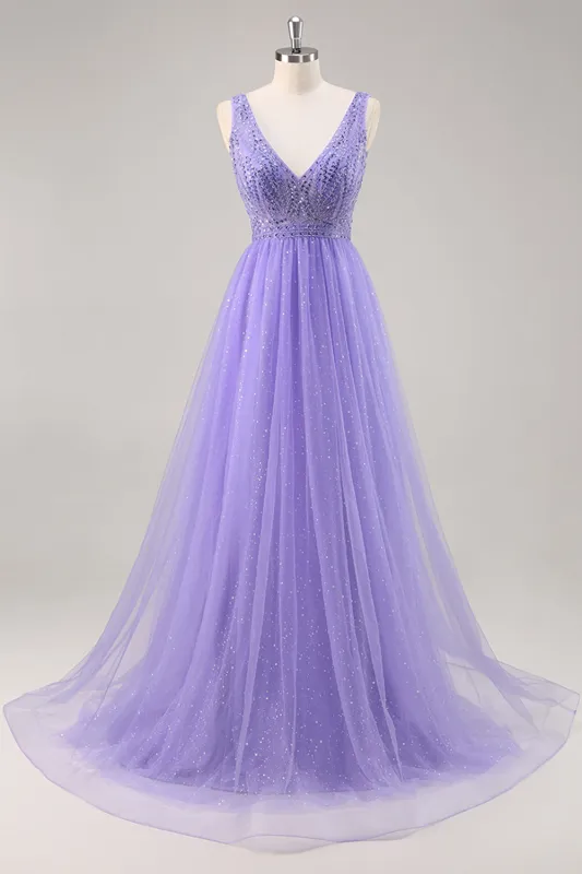 Glitter Purple A Line Long Prom Dress with Beadings sold by Zapaka