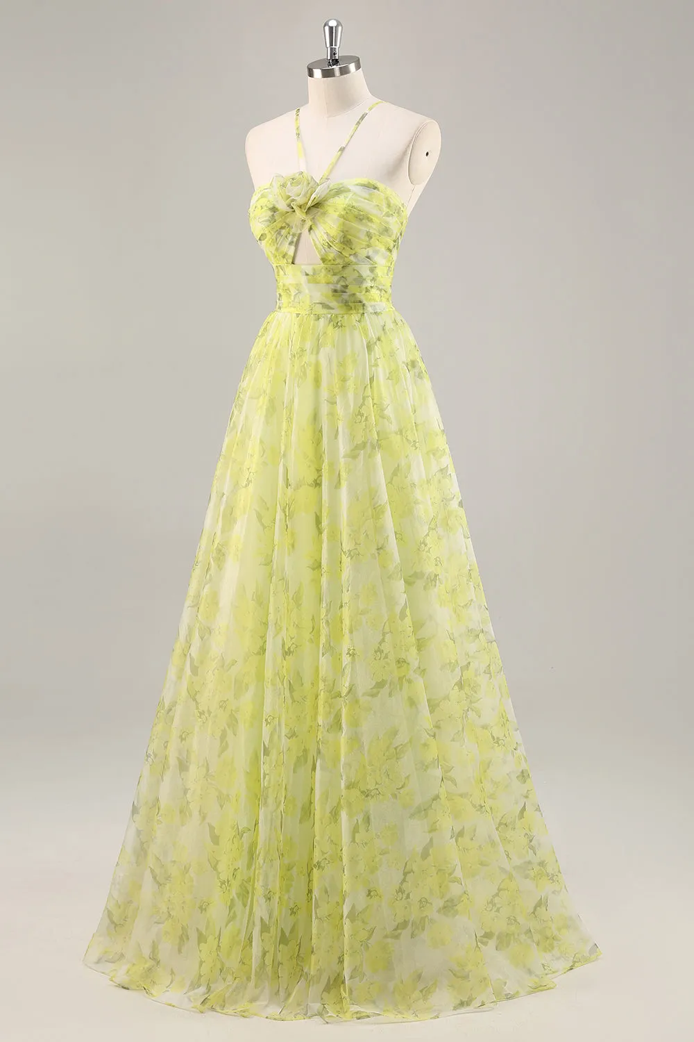 Yellow Green Floral A Line Cut Out Long Prom Dress sold by Zapaka product image thumbnail 3