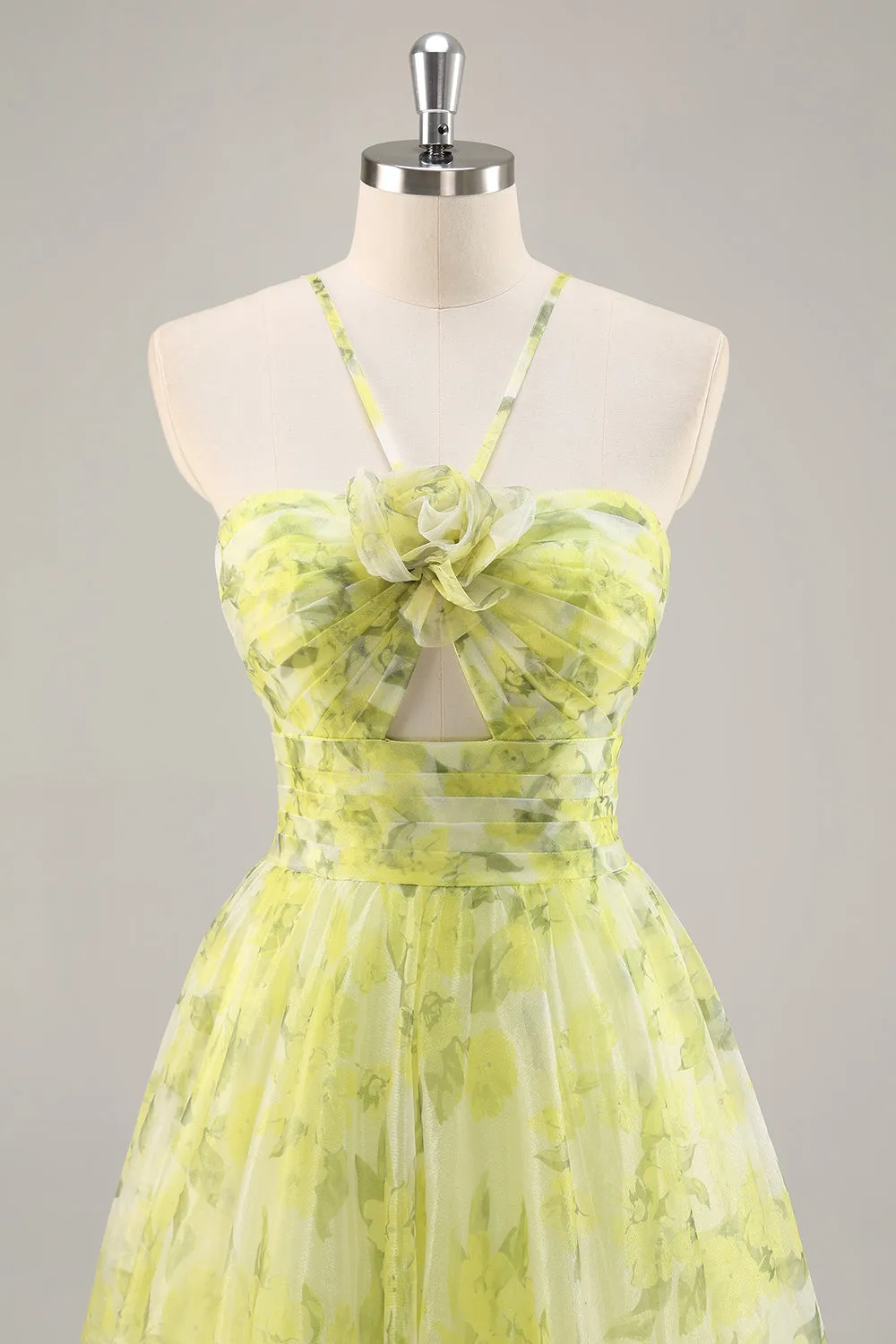 Yellow Green Floral A Line Cut Out Long Prom Dress sold by Zapaka product image thumbnail 4