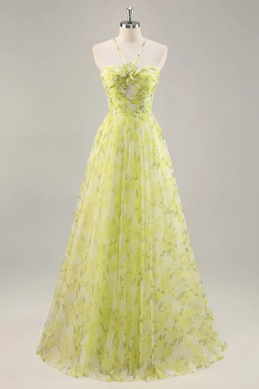 Yellow Green Floral A Line Cut Out Long Prom Dress sold by Zapaka