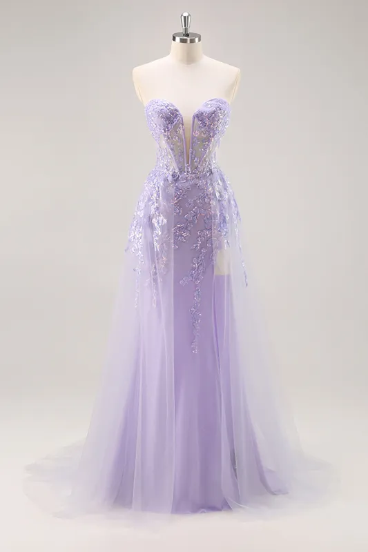 Lilac Strapless Corset Prom Dress with Detachable Overlay sold by Zapaka