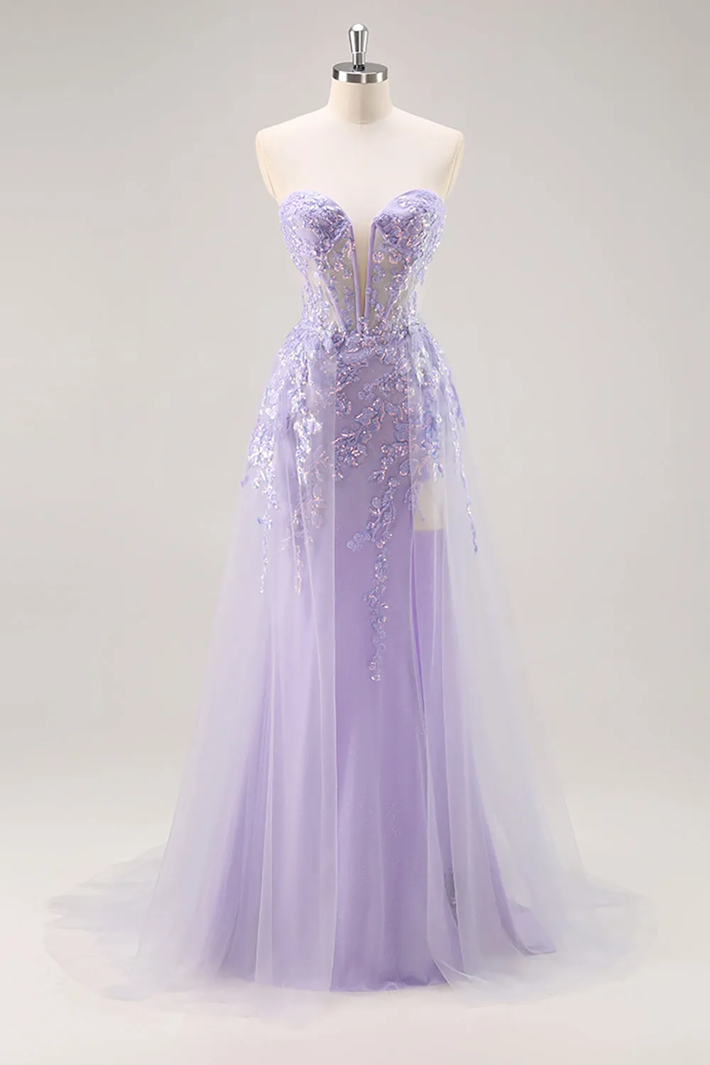 Lilac Strapless Corset Prom Dress with Detachable Overlay sold by Zapaka