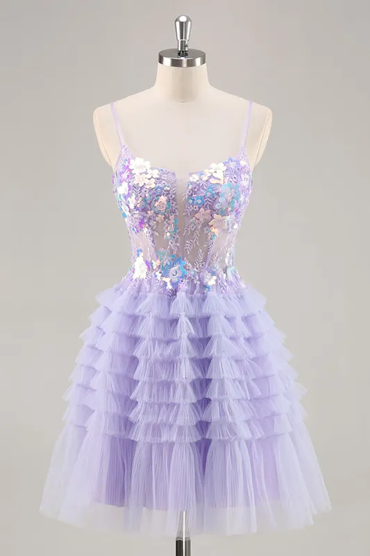 Purple Tulle Tiered A Line Homecoming Dress with Appliques made by Zapaka