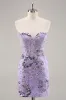 Strapless Beaded Bodycon Purple Homecoming Dress with Appliques sold by Zapaka