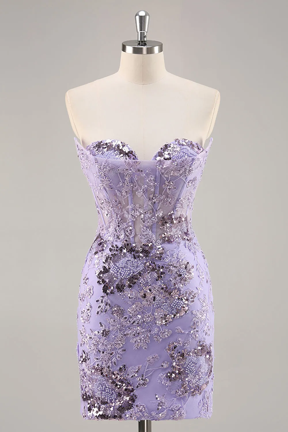 Strapless Beaded Bodycon Purple Homecoming Dress with Appliques sold by Zapaka