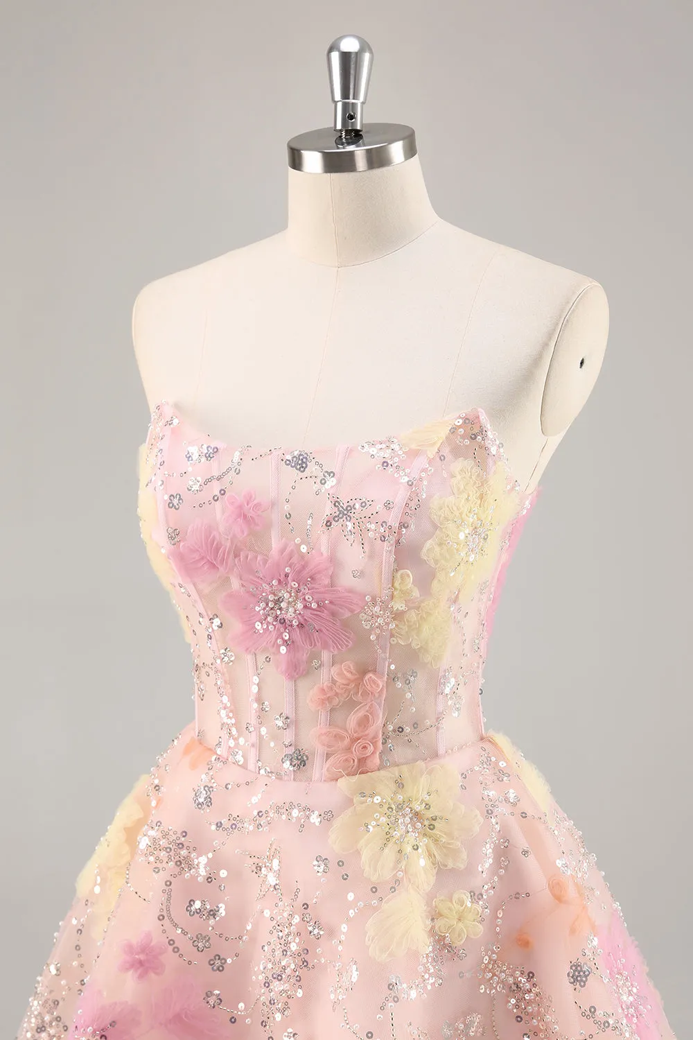 Floral Corset Sequin Strapless Pink Homecoming Dress sold by Zapaka product image thumbnail 5