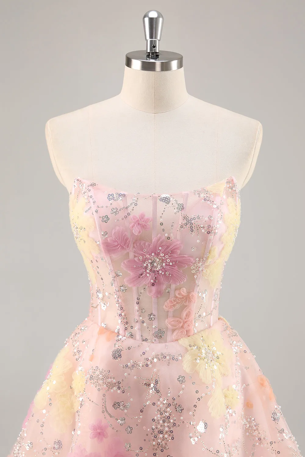 Floral Corset Sequin Strapless Pink Homecoming Dress sold by Zapaka product image thumbnail 4