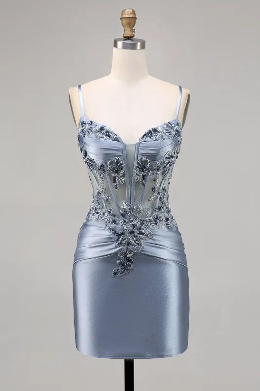 Grey Blue Beaded Corset Homecoming Dress with Appliques made by Zapaka