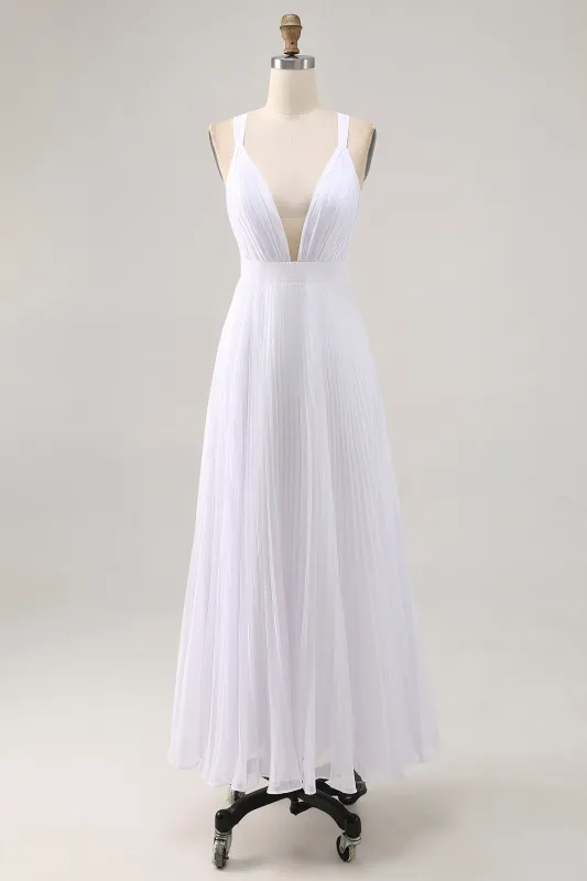 A Line Spaghetti Straps Chiffon White Long Holiday Dress sold by Zapaka