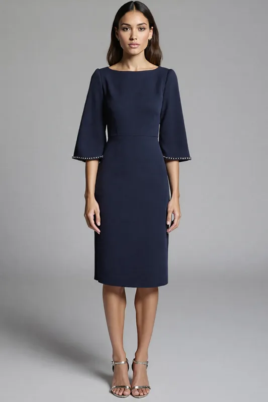 Navy Satin Midi Bodycon Work Dress with Sleeves sold by Zapaka
