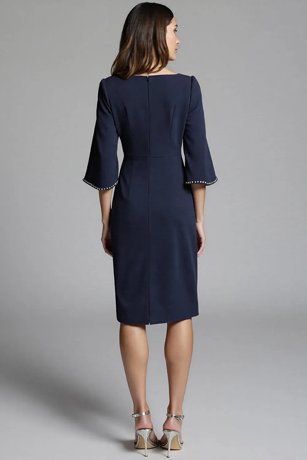 Navy Satin Midi Bodycon Work Dress with Sleeves sold by Zapaka product image thumbnail 2