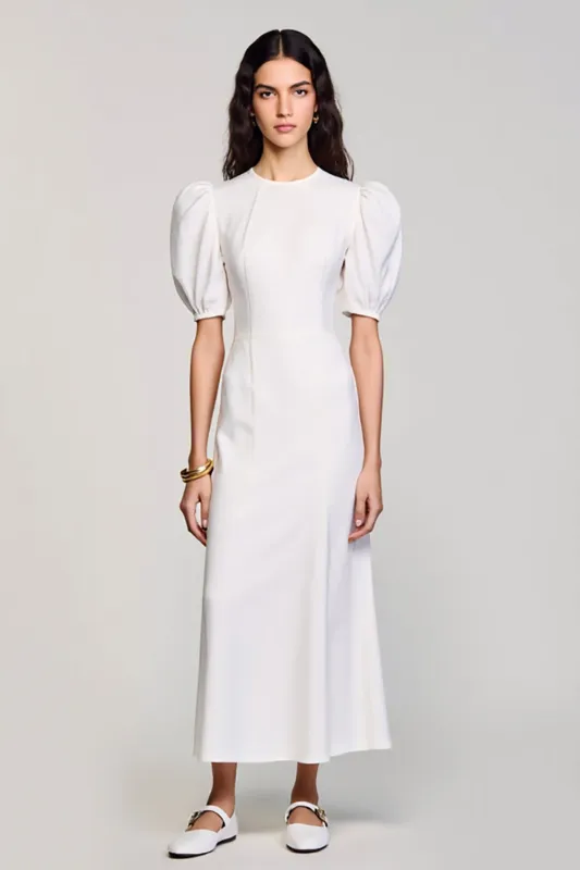 White Round Neck Satin Long Graduation Dress with Puff Sleeves sold by Zapaka
