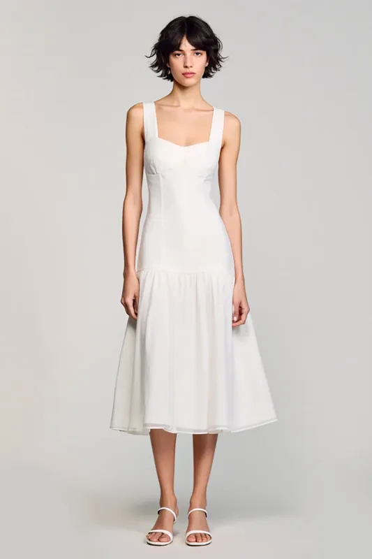 Simple White A Line Square Neck Midi Graduation Dress sold by Zapaka
