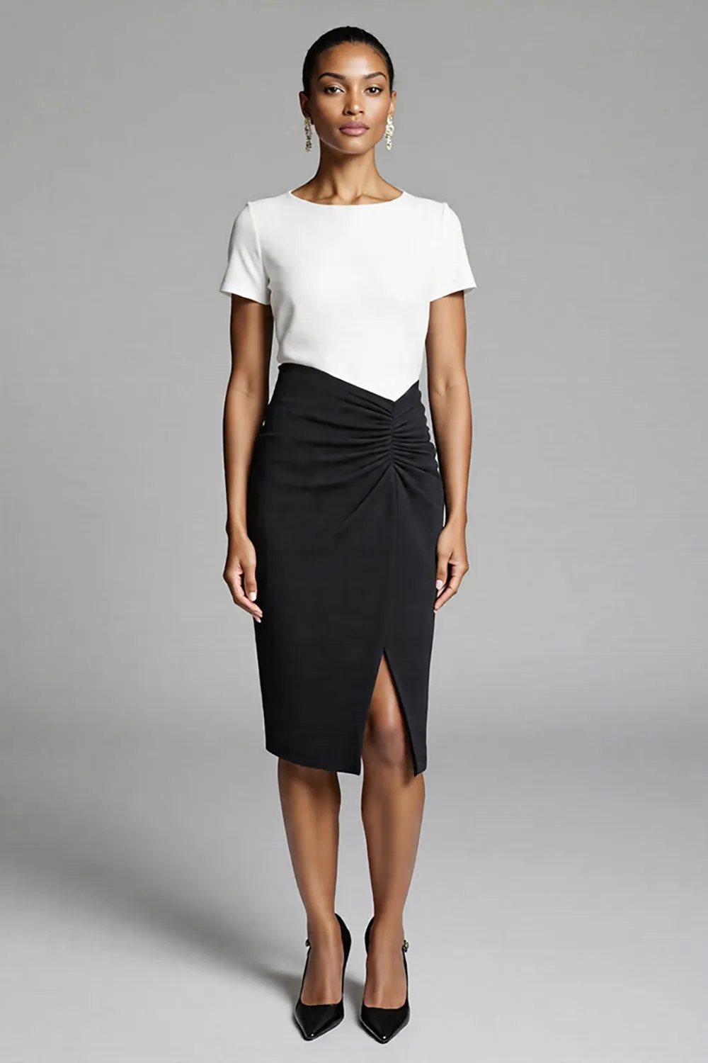 Black Asymmetrical Ruched Work Dress With Slit sold by Zapaka