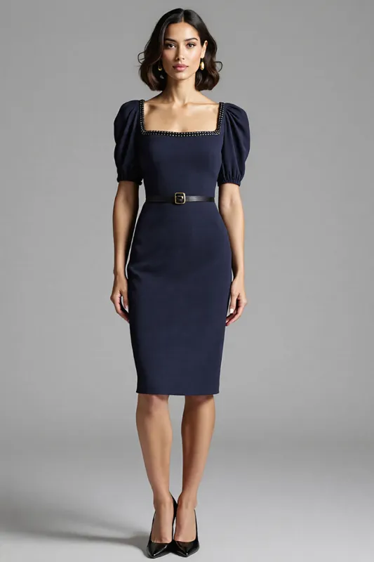 Navy Bodycon Midi Work Dress with Belt sold by Zapaka