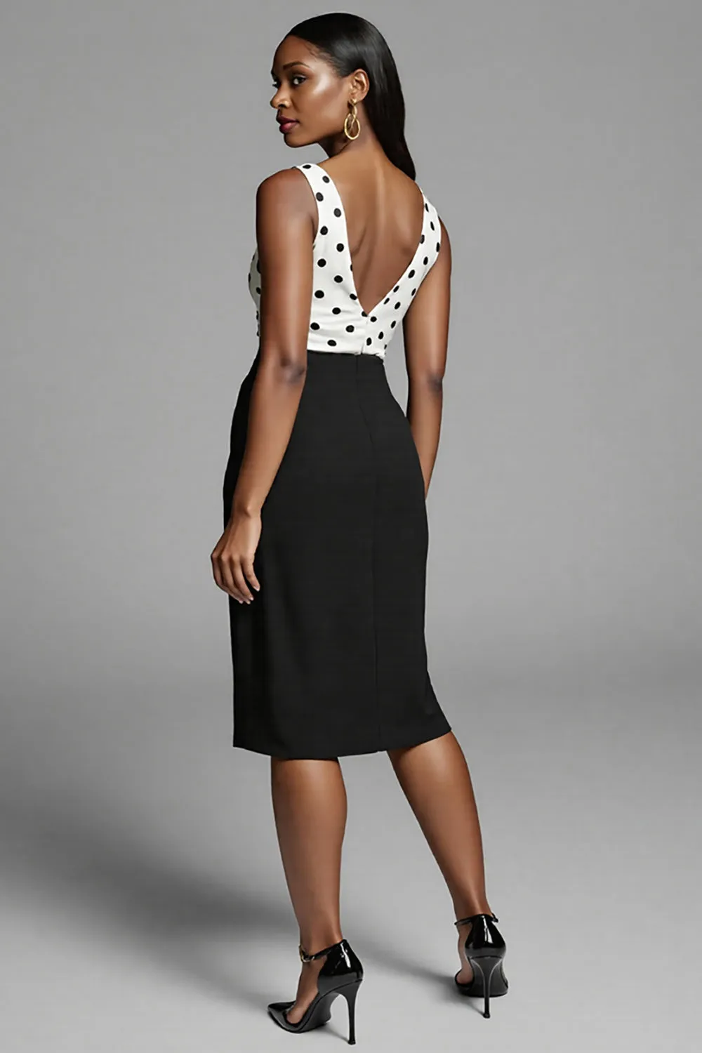 Ivory and Black Polka Dots Midi Work Dress with Slit sold by Zapaka product image thumbnail 2