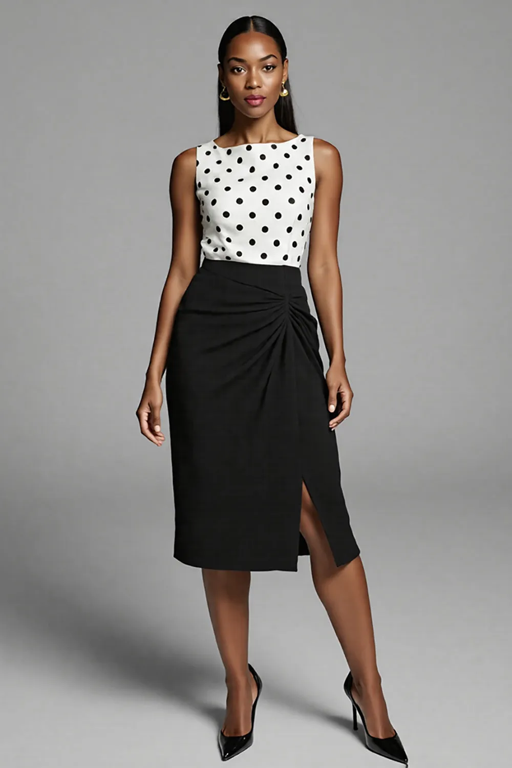 Ivory and Black Polka Dots Midi Work Dress with Slit sold by Zapaka