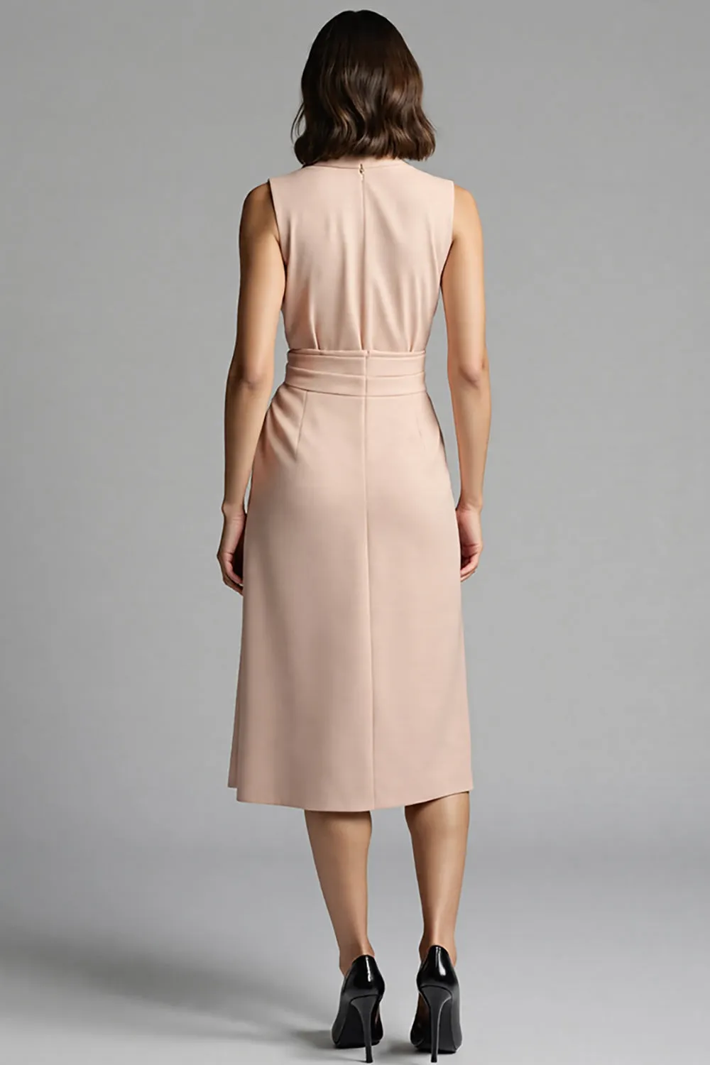 Champagne Notched Lapel Sheath Midi Work Dress with Sash sold by Zapaka product image thumbnail 2