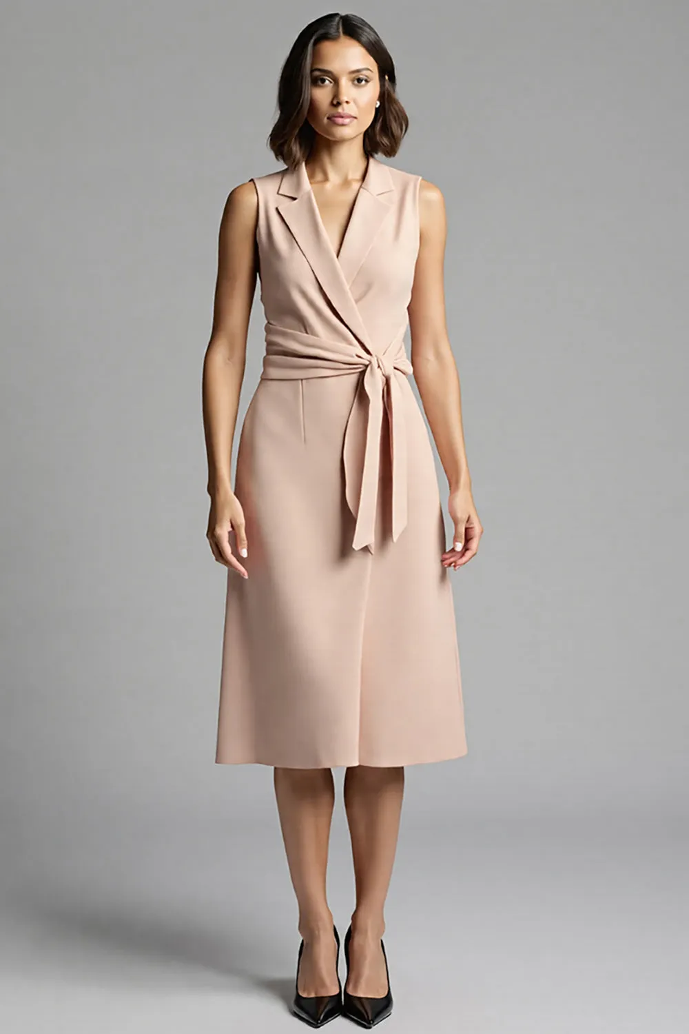 Champagne Notched Lapel Sheath Midi Work Dress with Sash sold by Zapaka