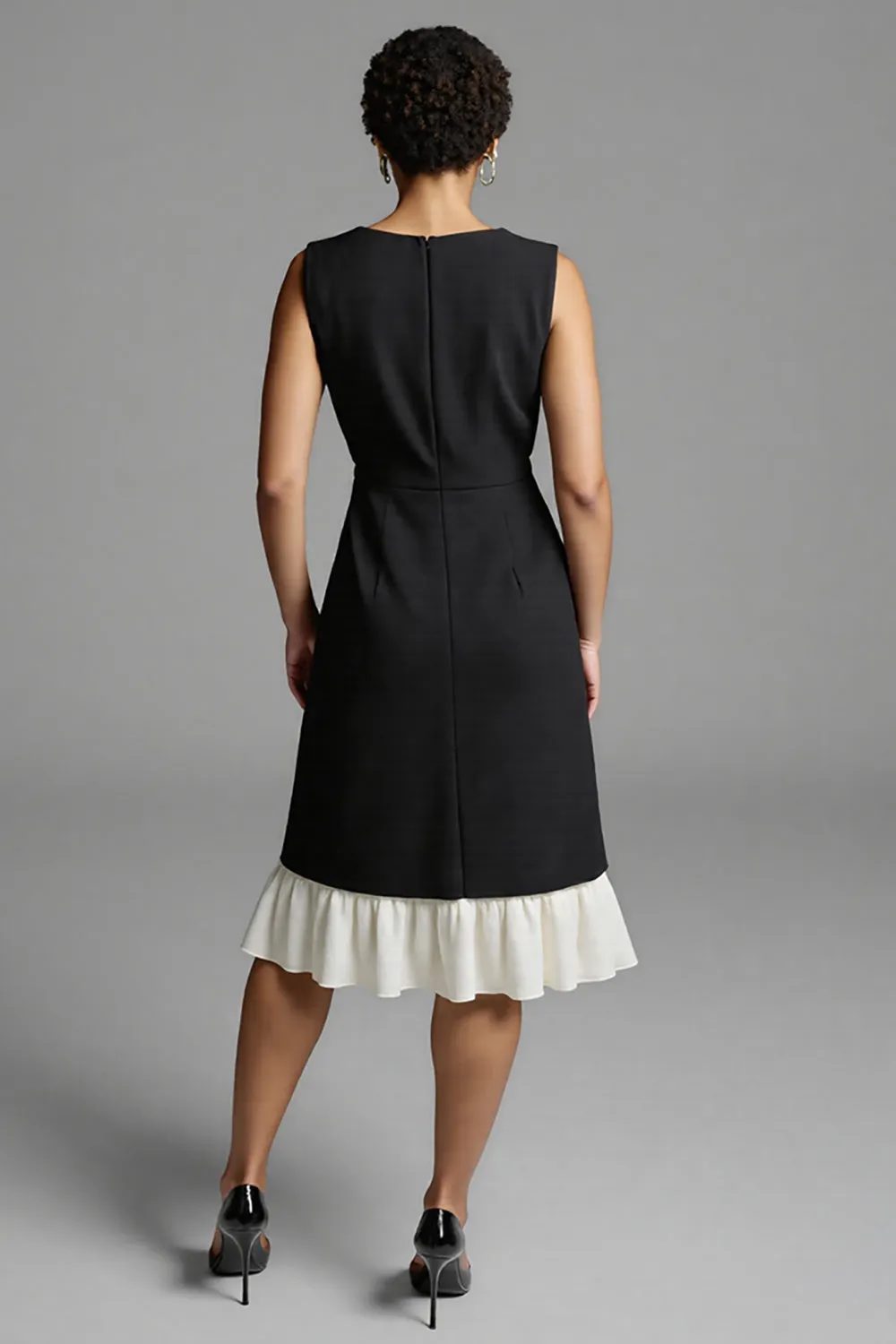Black and White Satin A Line Midi Work Dress with Ruffles sold by Zapaka product image thumbnail 2