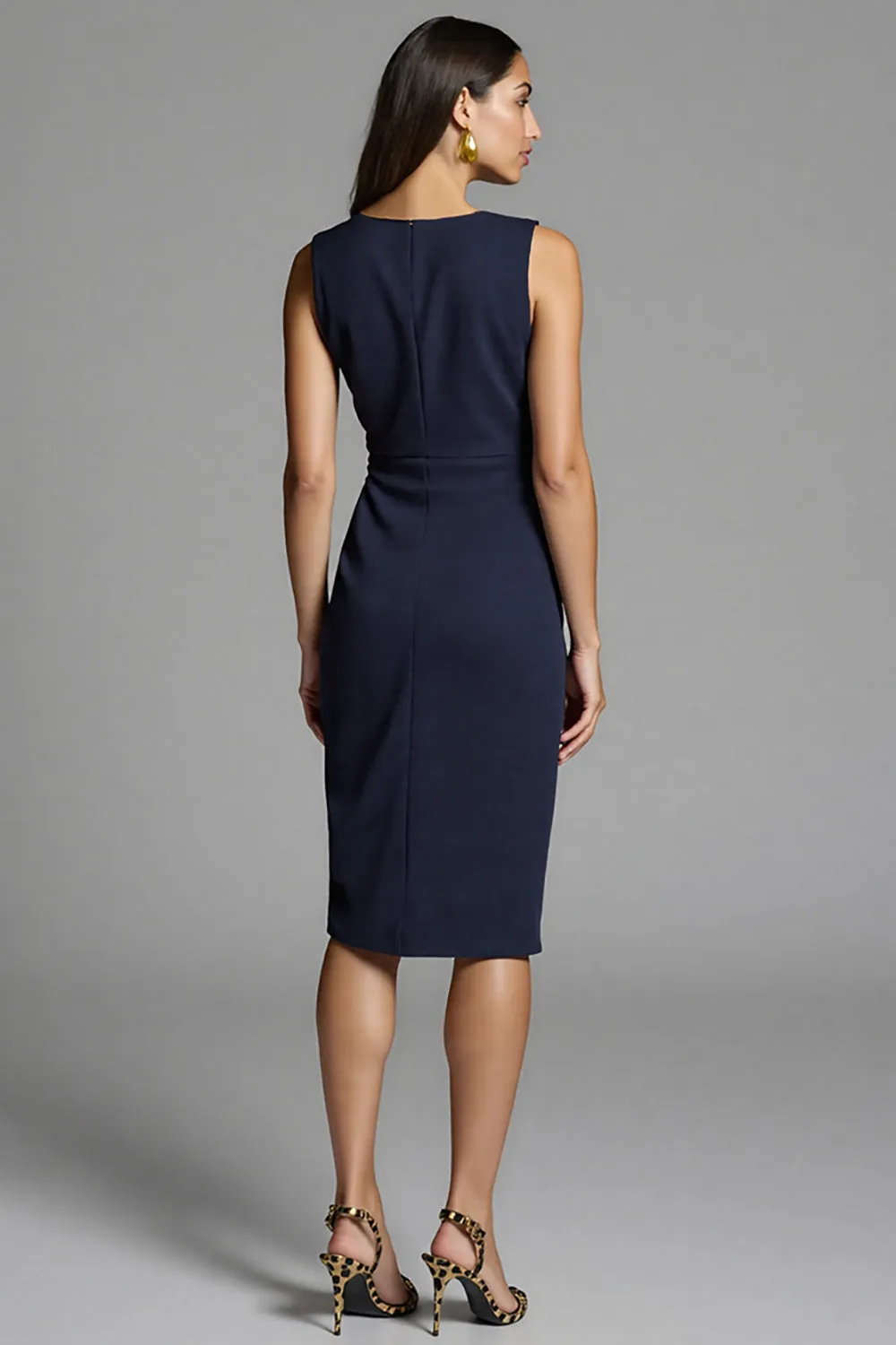 Navy Bodycon Ruched Satin Midi Work Dress sold by Zapaka product image thumbnail 2