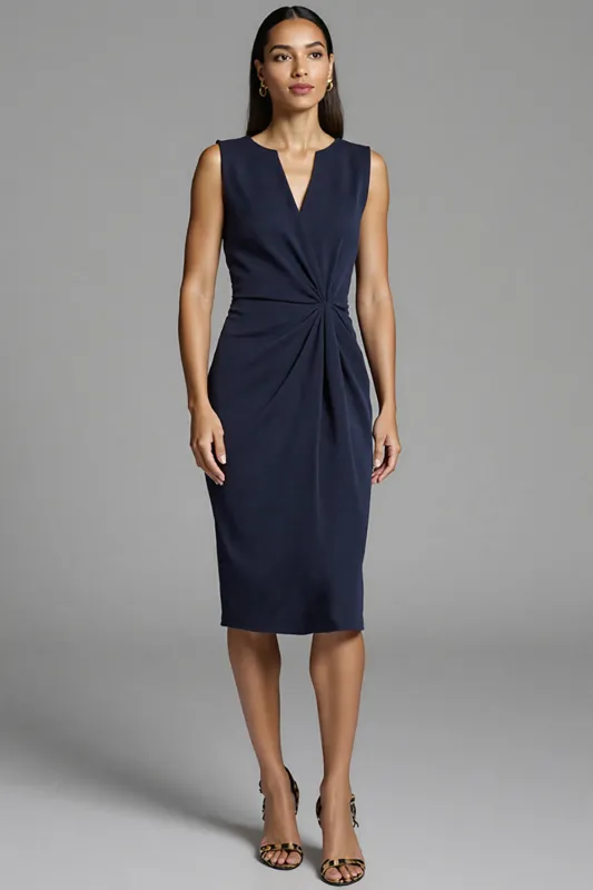 Navy Bodycon Ruched Satin Midi Work Dress sold by Zapaka
