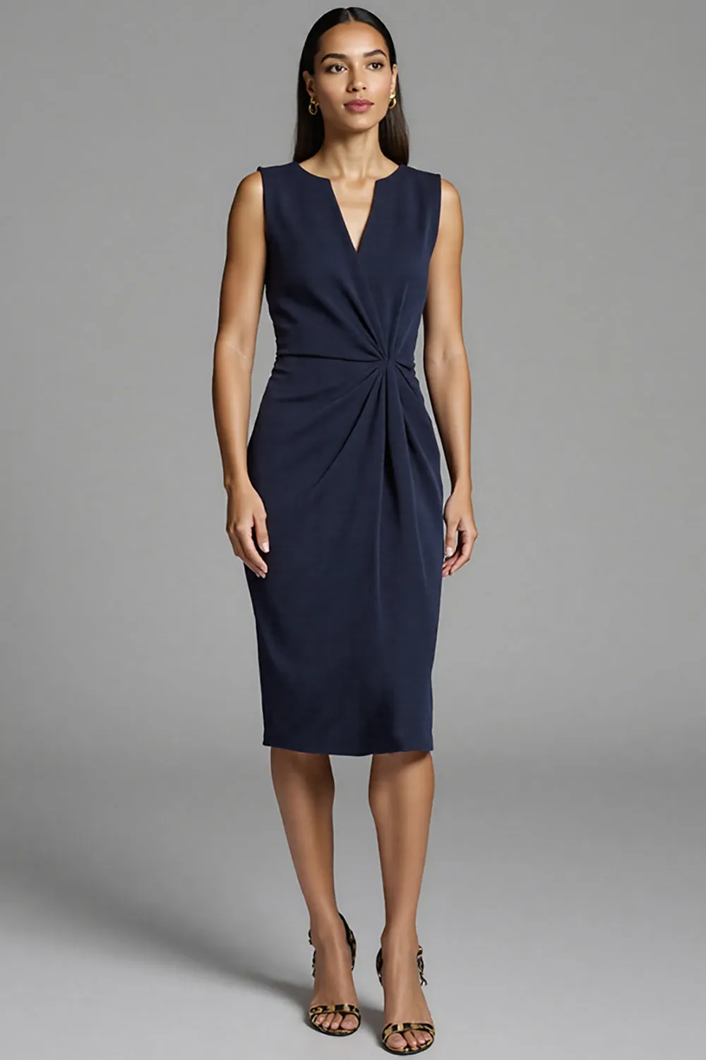 Navy Bodycon Ruched Satin Midi Work Dress sold by Zapaka